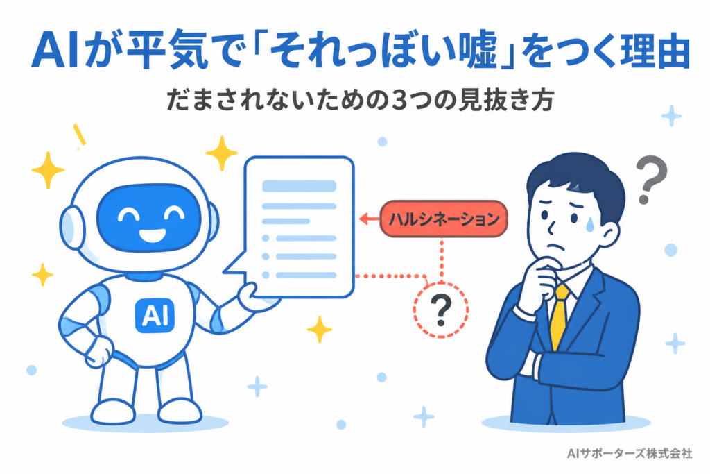 白いAIロボットが自信たっぷりに流暢な答えを差し出す一方で、その内容が事実とズレている様子を表したアイキャッチ。AIがつく"それっぽい嘘"（ハルシネーション）のイメージ