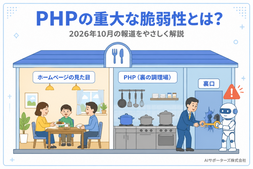 ホームページの裏の調理場（PHP）の裏口の壊れた鍵を、新しい鍵に交換する様子を描いたアイキャッチ